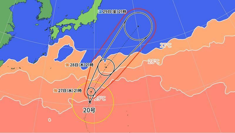 図1　台風20号の進路予報と海面水温（10月26日21時）