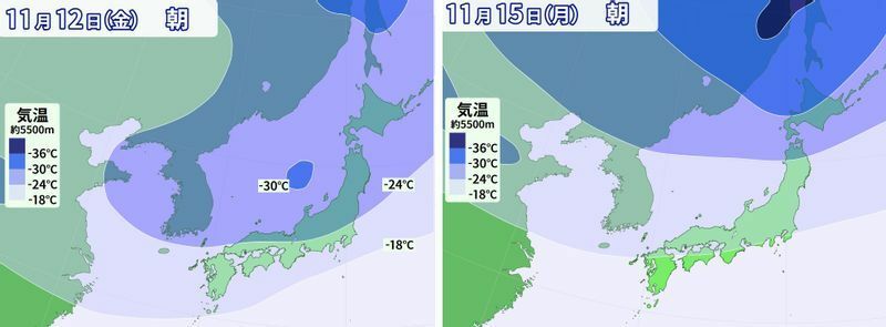 図1　日本上空5500メートルの気温予報（左は11月12日朝、右は11月15日朝の予報）