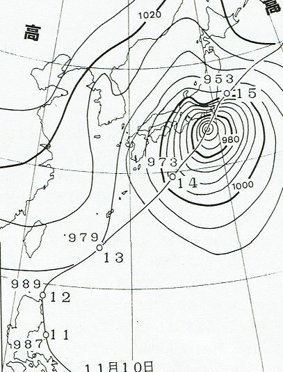 図3　「七五三台風」の経路（図中の白丸は6時の位置）と昭和7年11月14日18時の天気図