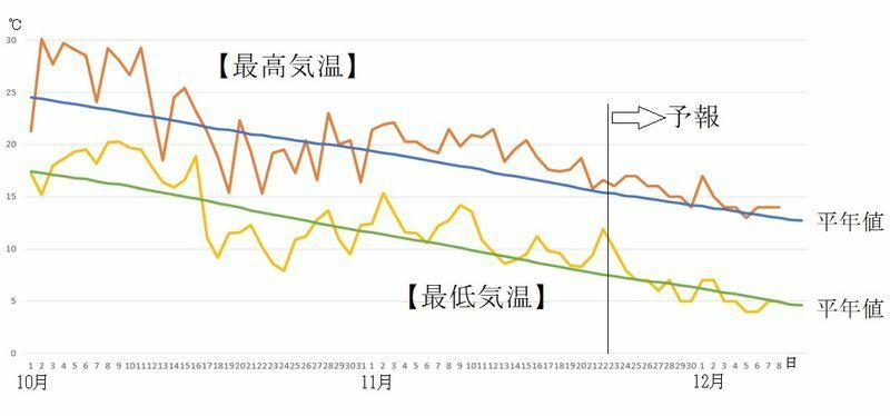 図4　東京の最高気温と最低気温の推移（11月23～29日は気象庁、11月30日～12月8日はウェザーマップの予報）