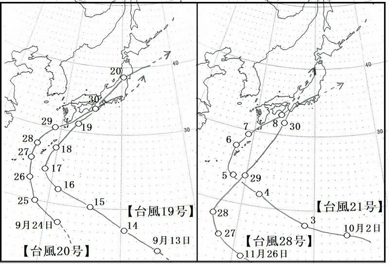 図5　平成2年（1990年）に和歌山県に上陸した4個の台風の経路