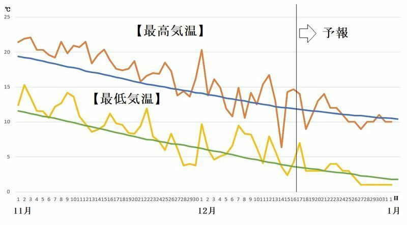 図6　東京の最高気温と最低気温の推移（11月17日～23日は気象庁、11月24日～1月1日はウェザーマップの予報）