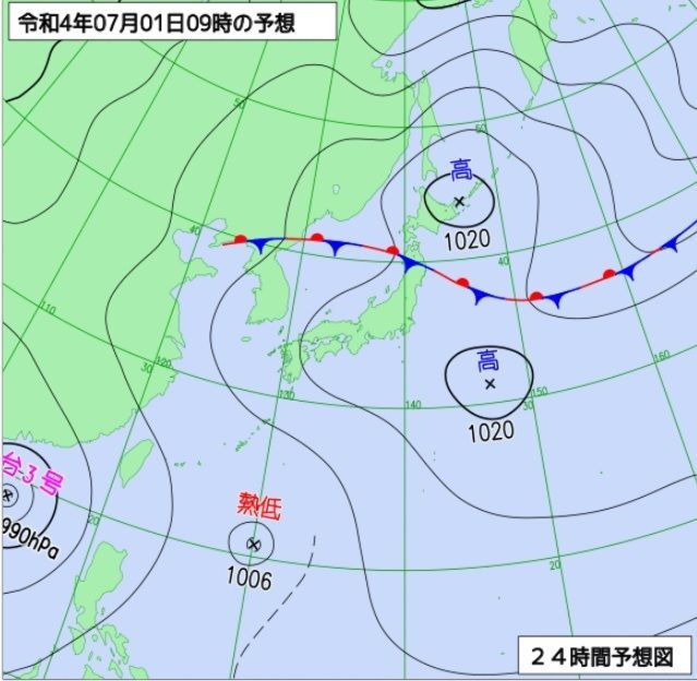 図1　予想天気図（7月1日9時の予想）