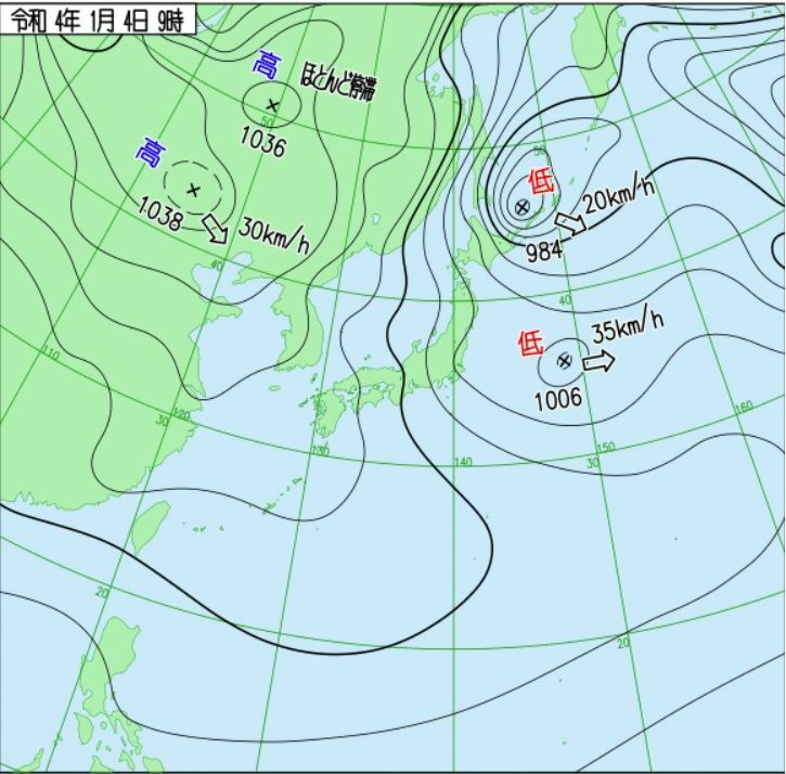 図2　地上天気図（1月4日9時）