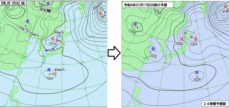 図1　地上天気図（1月16日9時）と予想天気図（1月17日9時の予想）
