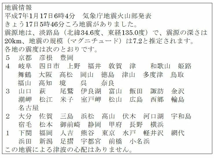 表　地震情報（1月17日6時4分気象庁地震火山部発表）