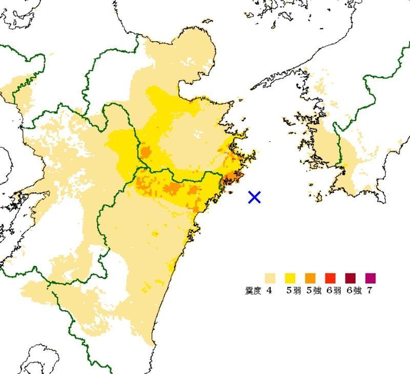 図3　推計震度分布図（令和4年（2022年）1月22日1時8分の日向灘の地震（マグニチュード6.4）の場合）