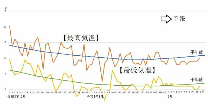 図3　東京の最高気温と最低気温（1月29日～2月4日は気象庁、5日～13日はウェザーマップの予報）