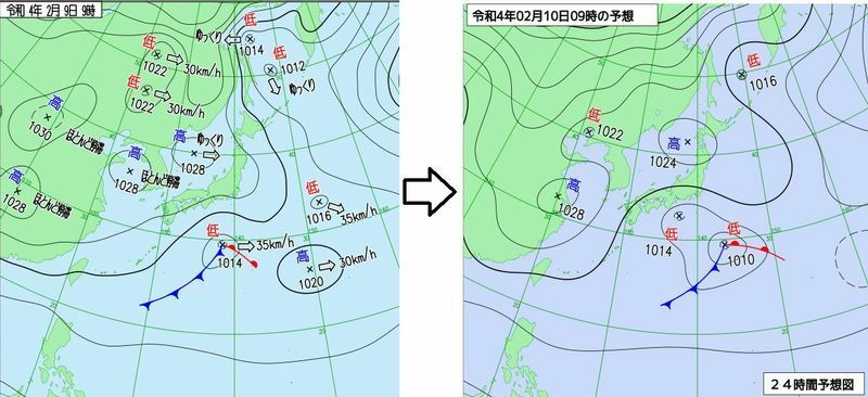 図2　地上天気図（2月9日9時）と予想天気図（2月10日9時の予想）