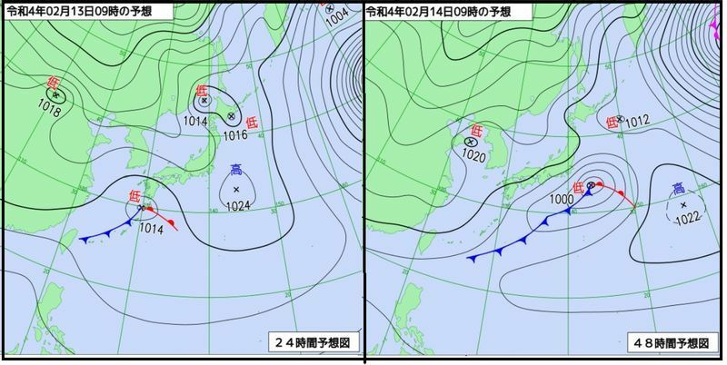 図3　予想天気図（左は2月13日9時の予想、右は14日9時の予想）