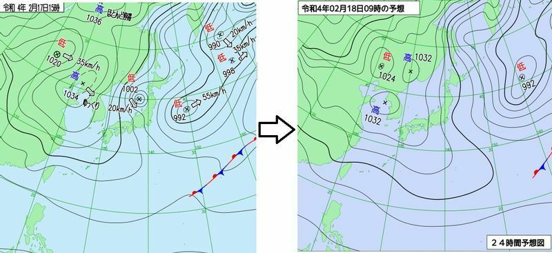 図1　地上天気図（左：2月17日15時）と予想天気図（右：2月18日9時の予想）