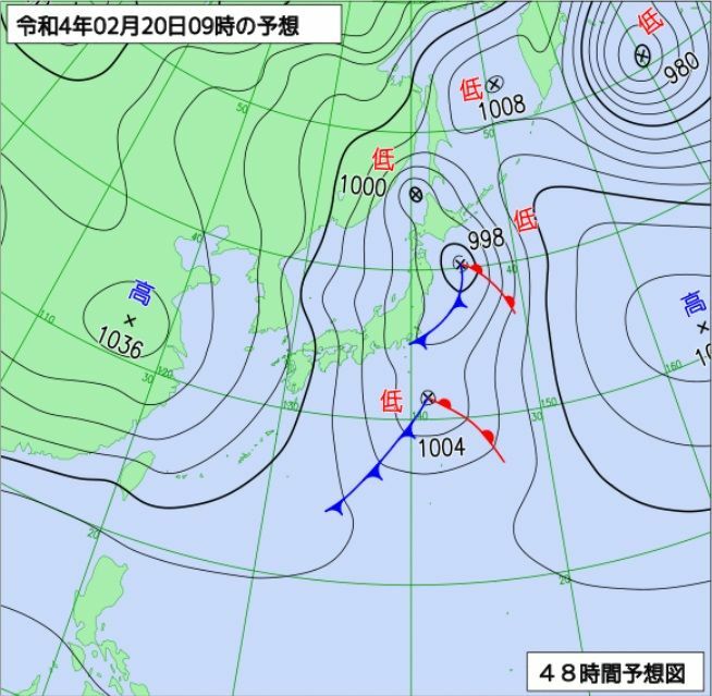 図1　予想天気図（2月20日9時の予想）