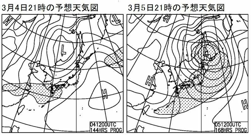 図6　予想天気図（左は3月4日21時の予想、右は5日21時の予想）
