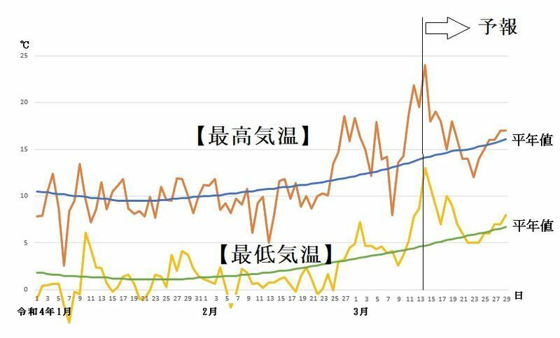 図3　東京の最高気温と最低気温の推移（3月14日～20日は気象庁、3月21日～29日はウェザーマップの予報）