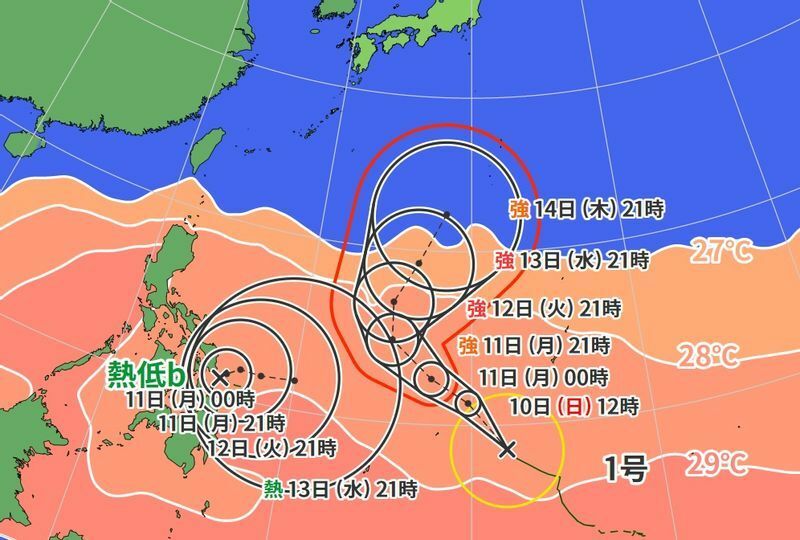 図1　台風1号と台風2号になりそうな熱帯低気圧の進路予報（4月10日0時）