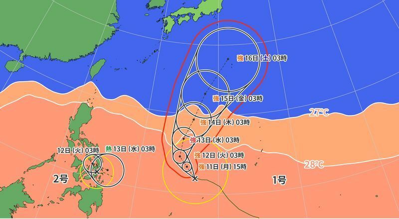 図1　台風1号・2号の進路予報と海面水温（4月11日3時）
