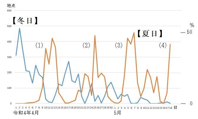 図2 夏日と冬日の観測地点数の推移(4月1日~5月18日)