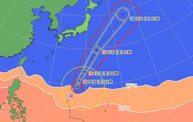 図1　台風1号の進路予報と海面水温（4月14日0時）