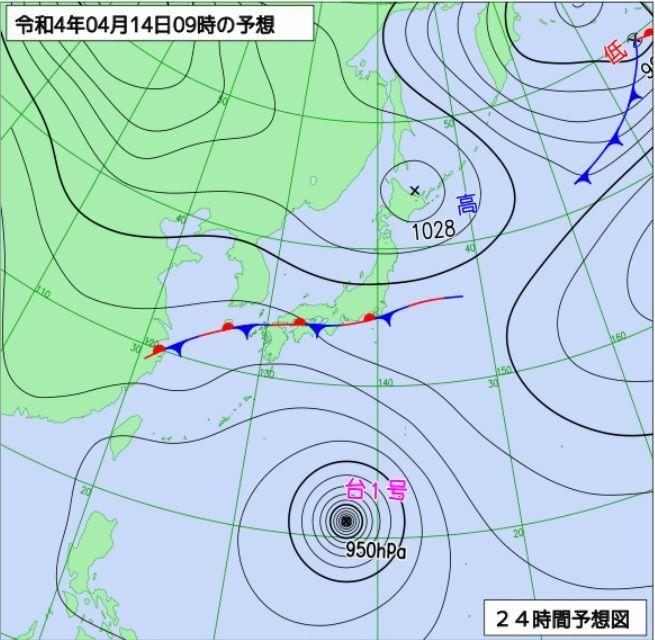 図3　予想天気図（4月14日9時の予想）