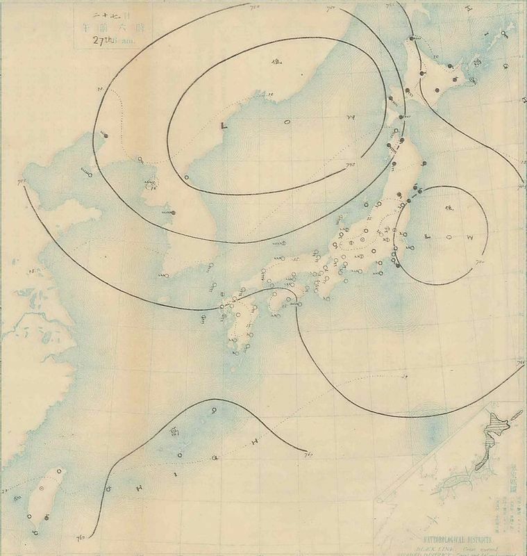 図１　中央気象台が作成した天気図（明治38年5月27日6時）