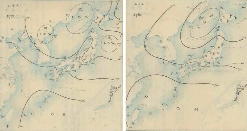 図2　地上天気図（左は明治38年5月27日14時、右は5月27日22時）