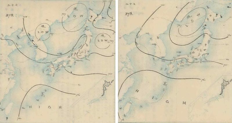 図2　地上天気図（左は明治38年5月27日14時、右は5月27日22時）