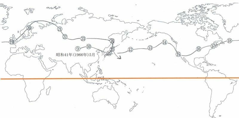 図　中国の第3回核実験における放射能チリの流線推定図（昭和41年（1966年）5月、丸数字は日付け）