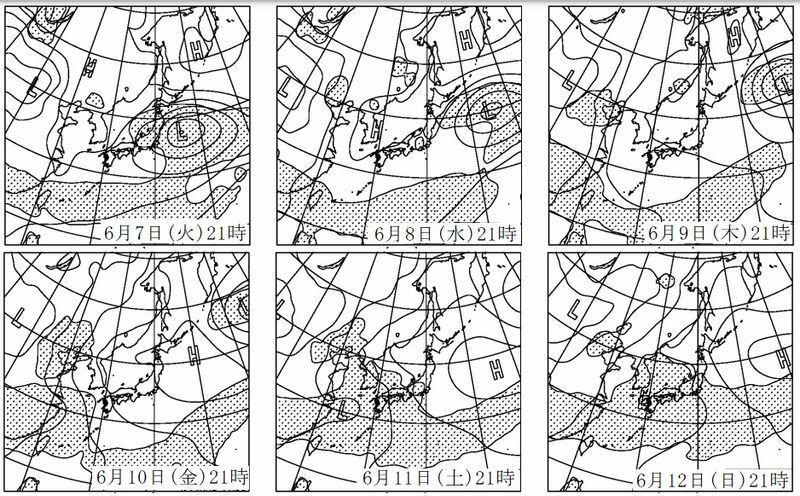  図3　予想天気図（6月7日21時（左上）から12日21時（右下）、網掛けは降水域）