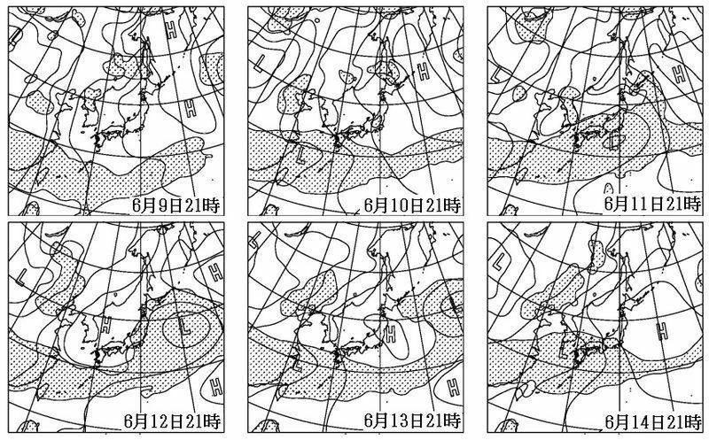 図2　予想天気図（6月9日21時（左上）から14日21時（右下）、網掛けは降水域）