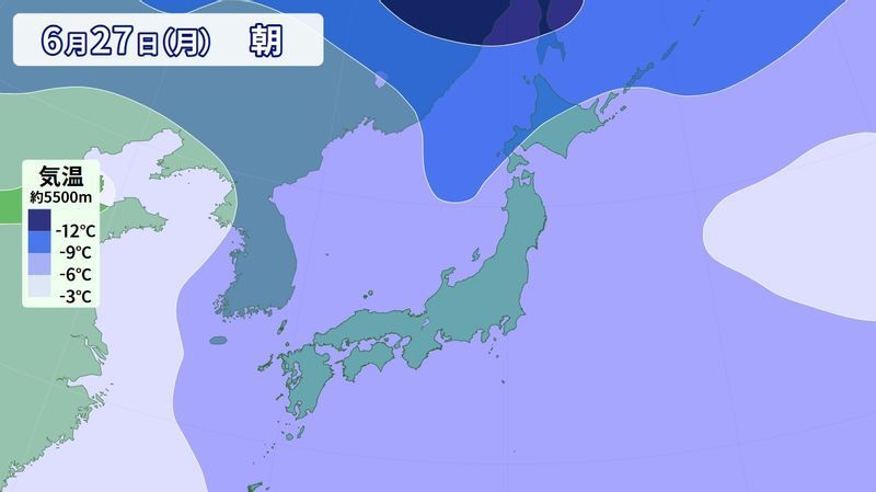 図3　上空約5500メートルの気温分布予報（6月27日朝の予報）