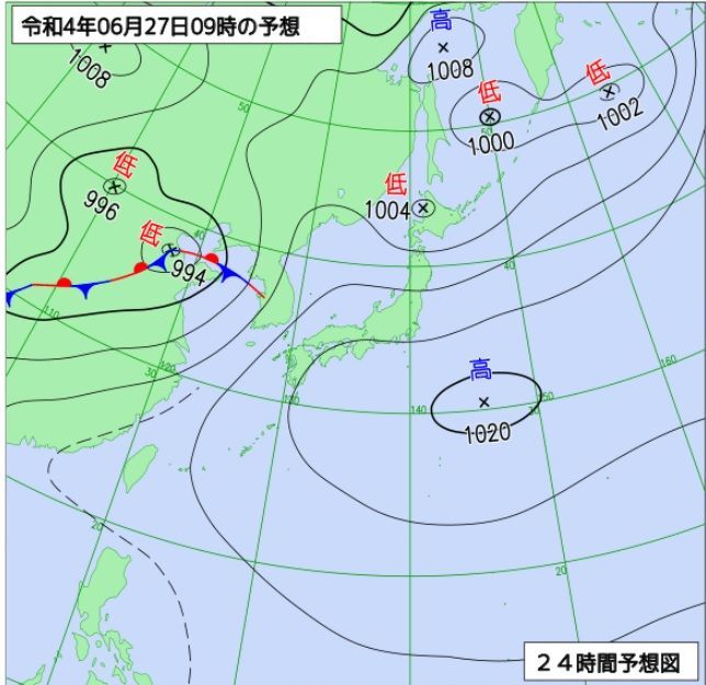 図2　予想天気図（6月27日9時の予想）