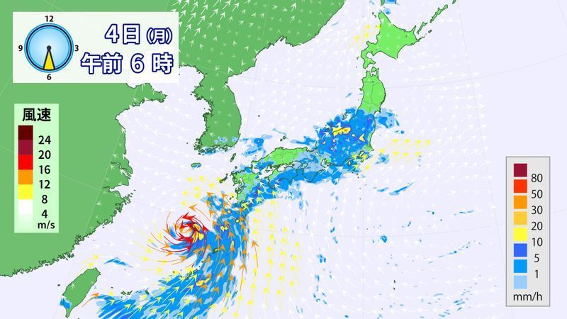 図3　風と雨の分布予想（7月4日6時の予想）