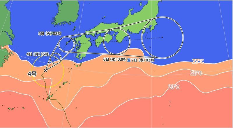 図1 台風4号の進路予報と海面水温(7月4日3時)