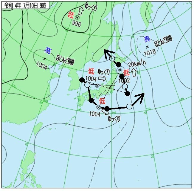 図2　台風4号から変わった低気圧の動きと日本海西部で発生した低気圧の動き