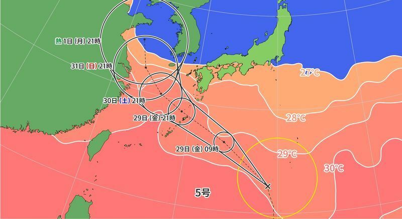 図1　台風5号の進路予報（7月28日21時）