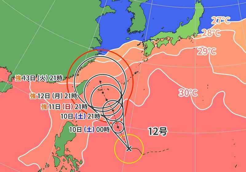 図2　台風12号の進路予報と海面水温（9月9日0時）