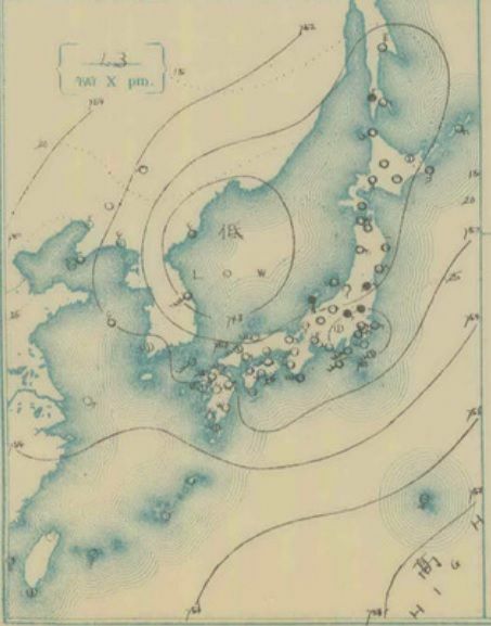 図　地上天気図（大正2年（1913年）8月13日22時）