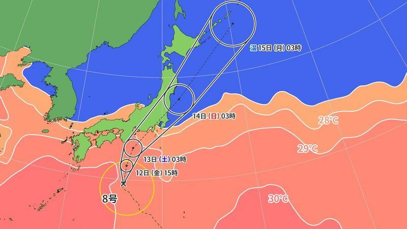図6　台風8号の進路予報と海面水温（8月12日3時）