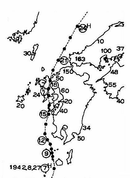 図1　周防灘台風の経路（昭和17年（1942年）8月27日（図中の丸数字は時刻、数字は高潮cm））