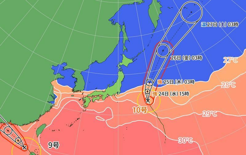 図1　台風10号の進路予報と海面水温（8月24日3時）