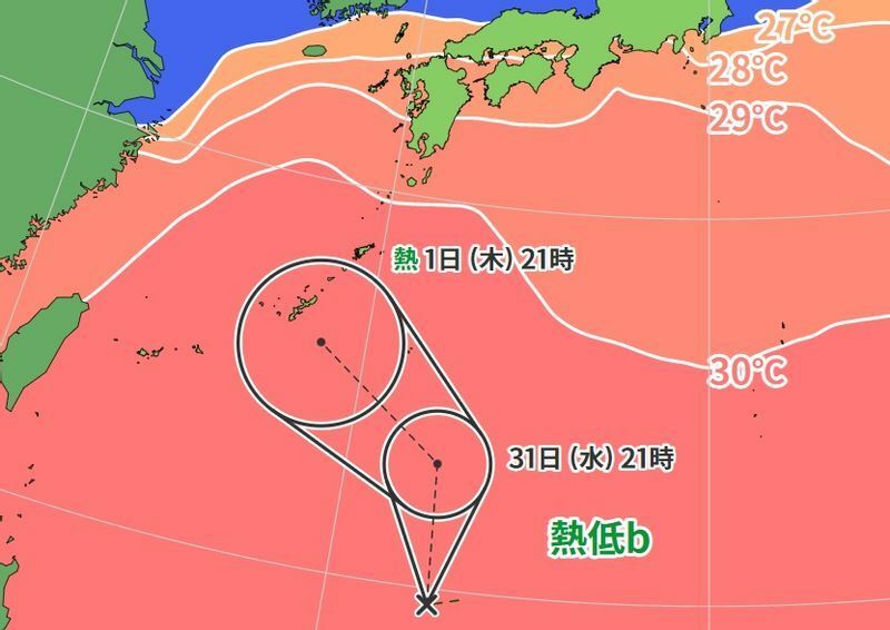 図2　台風12号になりそうな熱帯低気圧の進路予報と海面水温（8月30日21時）