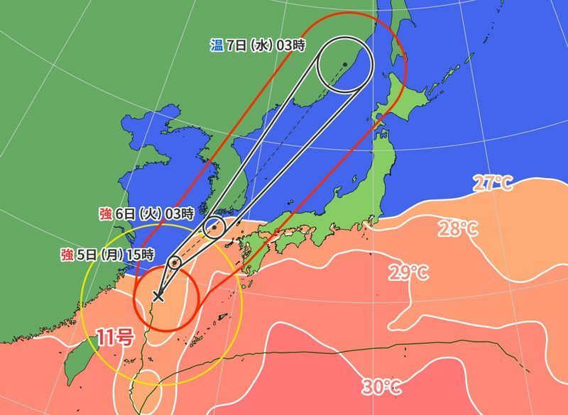 図2　台風11号の進路予報と海面水温（9月5日3時）