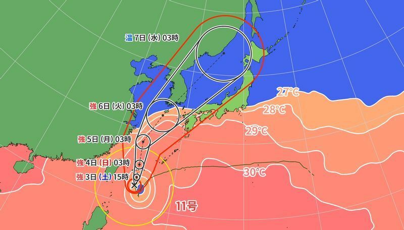 図1　台風の進路予報と海面水温（9月3日3時）