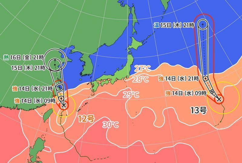 図1　台風12号と台風13号の進路予報および海面水温（9月14日21時）