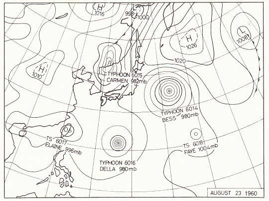 図3　昭和35年（1960年）8月23日21時の天気図