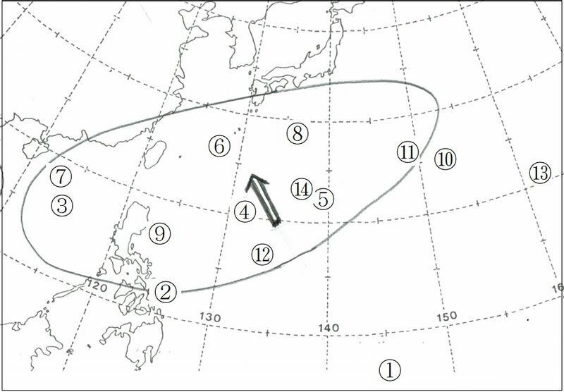 図5　令和4年（2022年）の台風の発生地点（丸数字は台風番号）