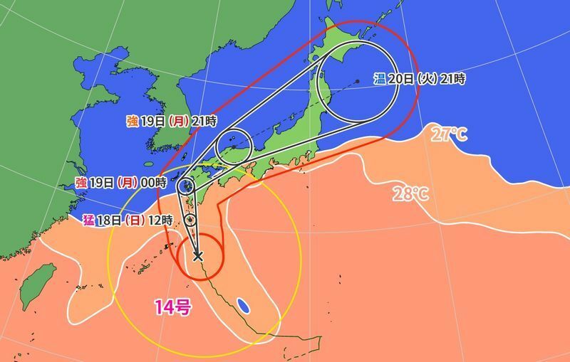 図1　台風14号の進路予報と海面水温（9月18日0時）