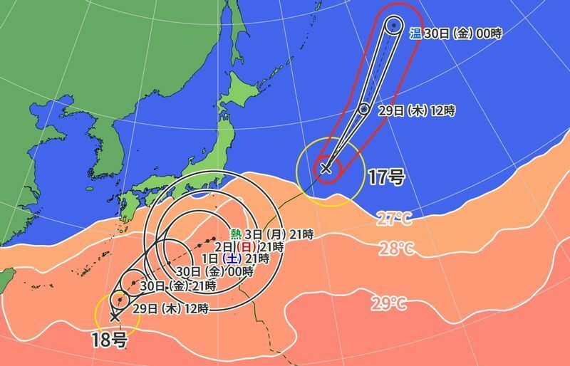 図2　台風17号と台風18号の進路予報、および海面水温（9月29日0時）