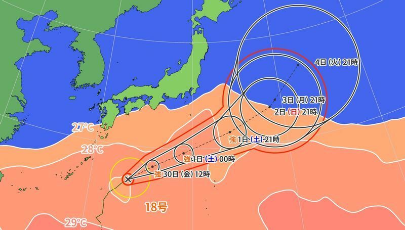 図2　台風18号の進路予報と海面水温（9月30日0時）