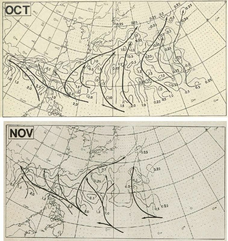 図2　台風の平均経路（上：10月、下：11月）